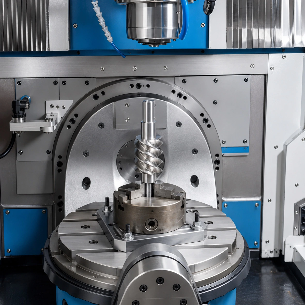 Rotor de compressor parafuso sendo usinado em centro de usinagem CNC 5 eixos para fabricação de rotores industriais.